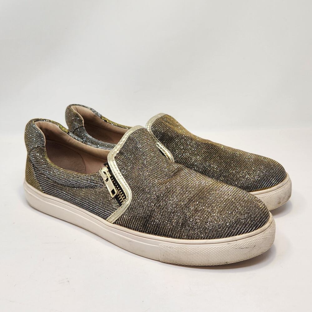 J Slides NYC Metallic Slip On Sneakers Size 9 Zipper Details Gold Silver Casual